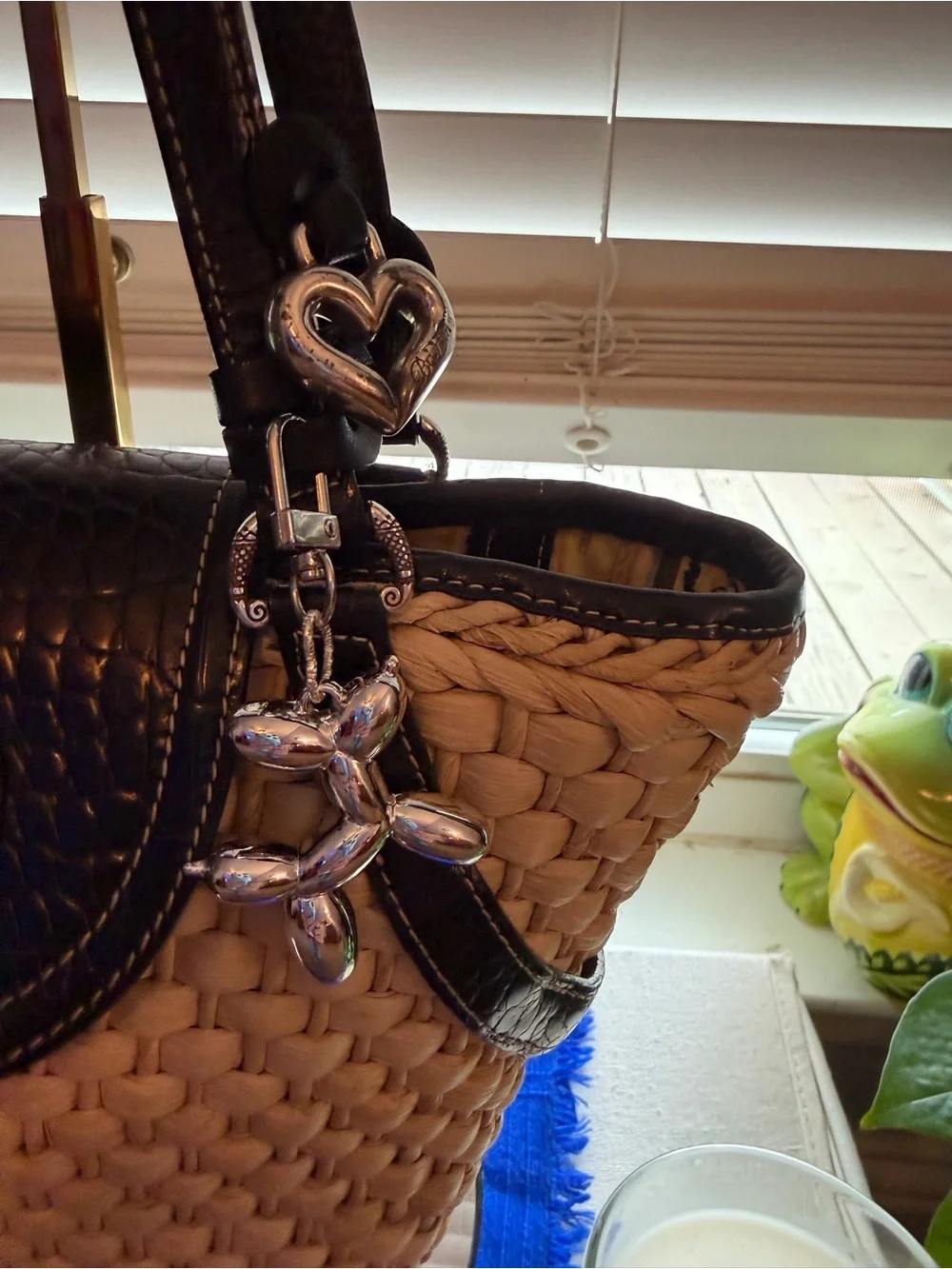 Brighton brand Woven Shoulder Tote with Black Trim and Heart Charm - Picture 9 of 15